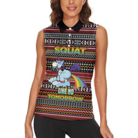 Funny Unicorn Workout Women Sleeveless Polo Shirt with Squat Like No Tomorrow Quote and Rainbow Tribal - Wonder Print Shop