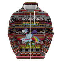 Funny Unicorn Workout Zip Hoodie with Squat Like No Tomorrow Quote and Rainbow Tribal - Wonder Print Shop