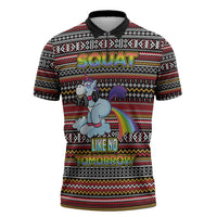 Funny Unicorn Workout Zipper Polo Shirt with Squat Like No Tomorrow Quote and Rainbow Tribal - Wonder Print Shop
