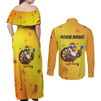 Personalized Funny Turkey Darts Couples Matching Off Shoulder Maxi Dress and Long Sleeve Button Shirt with Sunglasses Dartboard - Wonder Print Shop