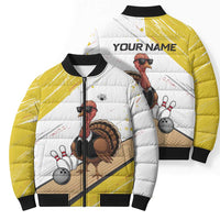 Personalized Funny Turkey Bowling Bomber Puffer Jacket with Cool Sunglasses Pins Yellow and White - Wonder Print Shop