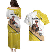 Personalized Funny Turkey Bowling Couples Matching Puletasi and Hawaiian Shirt with Cool Sunglasses Pins Yellow and White - Wonder Print Shop