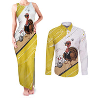 Personalized Funny Turkey Bowling Couples Matching Tank Maxi Dress and Long Sleeve Button Shirt with Cool Sunglasses Pins Yellow and White - Wonder Print Shop