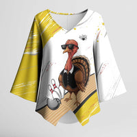Personalized Funny Turkey Bowling Kimono Sleeve Blouse with Cool Sunglasses Pins Yellow and White - Wonder Print Shop