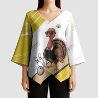 Personalized Funny Turkey Bowling Kimono Sleeve Blouse with Cool Sunglasses Pins Yellow and White - Wonder Print Shop