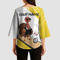 Personalized Funny Turkey Bowling Kimono Sleeve Blouse with Cool Sunglasses Pins Yellow and White - Wonder Print Shop