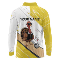 Personalized Funny Turkey Bowling Long Sleeve Polo Shirt with Cool Sunglasses Pins Yellow and White - Wonder Print Shop