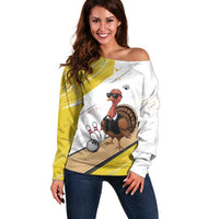 Personalized Funny Turkey Bowling Off Shoulder Sweater with Cool Sunglasses Pins Yellow and White - Wonder Print Shop