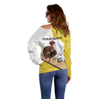 Personalized Funny Turkey Bowling Off Shoulder Sweater with Cool Sunglasses Pins Yellow and White - Wonder Print Shop