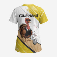 Personalized Funny Turkey Bowling Scrub Top with Cool Sunglasses Pins Yellow and White - Wonder Print Shop