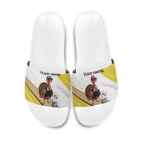 Personalized Funny Turkey Bowling Slide Sandals with Cool Sunglasses Pins Yellow and White - Wonder Print Shop
