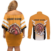 Personalized Funny Turkey Bowling Couples Matching Off Shoulder Short Dress and Long Sleeve Button Shirt with Cartoon Pins Thanksgiving - Wonder Print Shop
