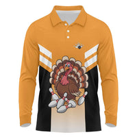 Personalized Funny Turkey Bowling Long Sleeve Polo Shirt with Cartoon Pins Thanksgiving - Wonder Print Shop