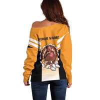 Personalized Funny Turkey Bowling Off Shoulder Sweater with Cartoon Pins Thanksgiving - Wonder Print Shop