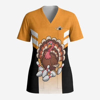 Personalized Funny Turkey Bowling Scrub Top with Cartoon Pins Thanksgiving - Wonder Print Shop