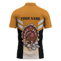 Personalized Funny Turkey Bowling Zipper Polo Shirt with Cartoon Pins Thanksgiving - Wonder Print Shop