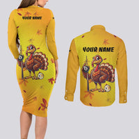 Personalized Funny Turkey Billiards Couples Matching Long Sleeve Bodycon Dress and Long Sleeve Button Shirt with Pool Cue and Balls Thanksgiving Design - Wonder Print Shop