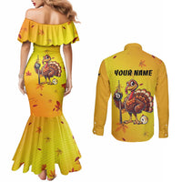 Personalized Funny Turkey Billiards Couples Matching Mermaid Dress and Long Sleeve Button Shirt with Pool Cue and Balls Thanksgiving Design - Wonder Print Shop