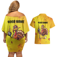 Personalized Funny Turkey Billiards Couples Matching Off Shoulder Short Dress and Hawaiian Shirt with Pool Cue and Balls Thanksgiving Design - Wonder Print Shop