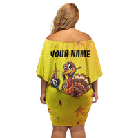 Personalized Funny Turkey Billiards Family Matching Off Shoulder Short Dress and Hawaiian Shirt with Pool Cue and Balls Thanksgiving Design - Wonder Print Shop
