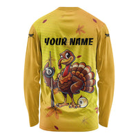 Personalized Funny Turkey Billiards Long Sleeve Shirt with Pool Cue and Balls Thanksgiving Design - Wonder Print Shop