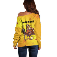 Personalized Funny Turkey Billiards Off Shoulder Sweater with Pool Cue and Balls Thanksgiving Design - Wonder Print Shop