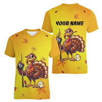 Personalized Funny Turkey Billiards Women V-Neck T-Shirt with Pool Cue and Balls Thanksgiving Design - Wonder Print Shop