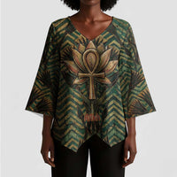 Khepri Kimono Sleeve Blouse Ancient Egyptian Chevron, Scarab Ankh and Winged Khepri Guardian Motif - Wonder Print Shop