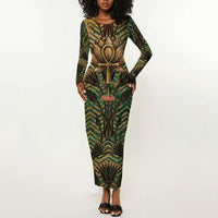 Khepri Long Sleeve Bodycon Dress Ancient Egyptian Chevron, Scarab Ankh and Winged Khepri Guardian Motif - Wonder Print Shop