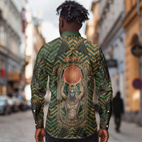 Khepri Long Sleeve Button Shirt Ancient Egyptian Chevron, Scarab Ankh and Winged Khepri Guardian Motif - Wonder Print Shop