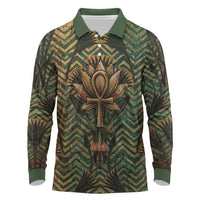 Khepri Long Sleeve Polo Shirt Ancient Egyptian Chevron, Scarab Ankh and Winged Khepri Guardian Motif - Wonder Print Shop