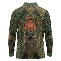 Khepri Long Sleeve Polo Shirt Ancient Egyptian Chevron, Scarab Ankh and Winged Khepri Guardian Motif - Wonder Print Shop