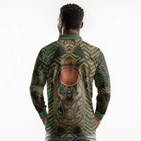 Khepri Long Sleeve Polo Shirt Ancient Egyptian Chevron, Scarab Ankh and Winged Khepri Guardian Motif - Wonder Print Shop