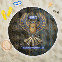 Khepri Ancient Egyptian Beach Blanket Dark Hieroglyphic, Blue Lotus Eye Symbol, and Winged Scarab Resurrection - Wonder Print Shop
