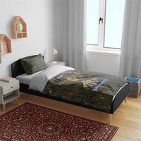 Khepri Ancient Egyptian Bedding Set Dark Hieroglyphic, Blue Lotus Eye Symbol, and Winged Scarab Resurrection - Wonder Print Shop