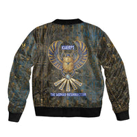Khepri Ancient Egyptian Bomber Jacket Dark Hieroglyphic, Blue Lotus Eye Symbol, and Winged Scarab Resurrection - Wonder Print Shop