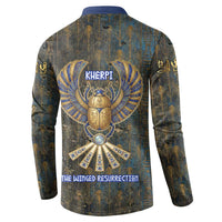 Khepri Ancient Egyptian Button Sweatshirt Dark Hieroglyphic, Blue Lotus Eye Symbol, and Winged Scarab Resurrection