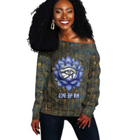 Khepri Ancient Egyptian Off Shoulder Sweater Dark Hieroglyphic, Blue Lotus Eye Symbol, and Winged Scarab Resurrection - Wonder Print Shop