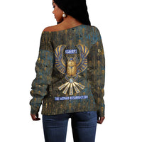 Khepri Ancient Egyptian Off Shoulder Sweater Dark Hieroglyphic, Blue Lotus Eye Symbol, and Winged Scarab Resurrection - Wonder Print Shop
