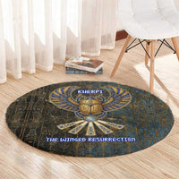 Khepri Ancient Egyptian Round Carpet Dark Hieroglyphic, Blue Lotus Eye Symbol, and Winged Scarab Resurrection - Wonder Print Shop