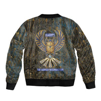 Khepri Ancient Egyptian Sleeve Zip Bomber Jacket Dark Hieroglyphic, Blue Lotus Eye Symbol, and Winged Scarab Resurrection - Wonder Print Shop
