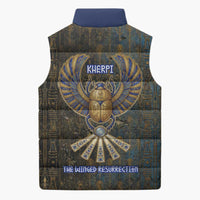 Khepri Ancient Egyptian Sleeveless Puffer Jacket Dark Hieroglyphic, Blue Lotus Eye Symbol, and Winged Scarab Resurrection - Wonder Print Shop