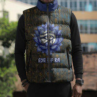 Khepri Ancient Egyptian Sleeveless Puffer Jacket Dark Hieroglyphic, Blue Lotus Eye Symbol, and Winged Scarab Resurrection - Wonder Print Shop