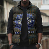 Khepri Ancient Egyptian Sleeveless Puffer Jacket Dark Hieroglyphic, Blue Lotus Eye Symbol, and Winged Scarab Resurrection - Wonder Print Shop