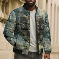 Khnum Ancient Egyptian Bomber Puffer Jacket with Smoky Leaf, Ram Head Emblem, and Guardian of the Cataract - Wonder Print Shop