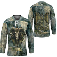 Khnum Ancient Egyptian Hockey Jersey with Smoky Leaf, Ram Head Emblem, and Guardian of the Cataract - Wonder Print Shop