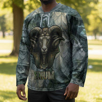 Khnum Ancient Egyptian Hockey Jersey with Smoky Leaf, Ram Head Emblem, and Guardian of the Cataract - Wonder Print Shop