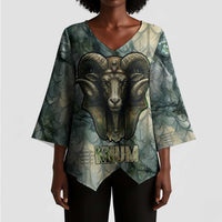 Khnum Ancient Egyptian Kimono Sleeve Blouse with Smoky Leaf, Ram Head Emblem, and Guardian of the Cataract - Wonder Print Shop