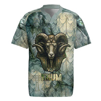 Khnum Ancient Egyptian Rugby Jersey with Smoky Leaf, Ram Head Emblem, and Guardian of the Cataract - Wonder Print Shop