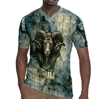 Khnum Ancient Egyptian Rugby Jersey with Smoky Leaf, Ram Head Emblem, and Guardian of the Cataract - Wonder Print Shop